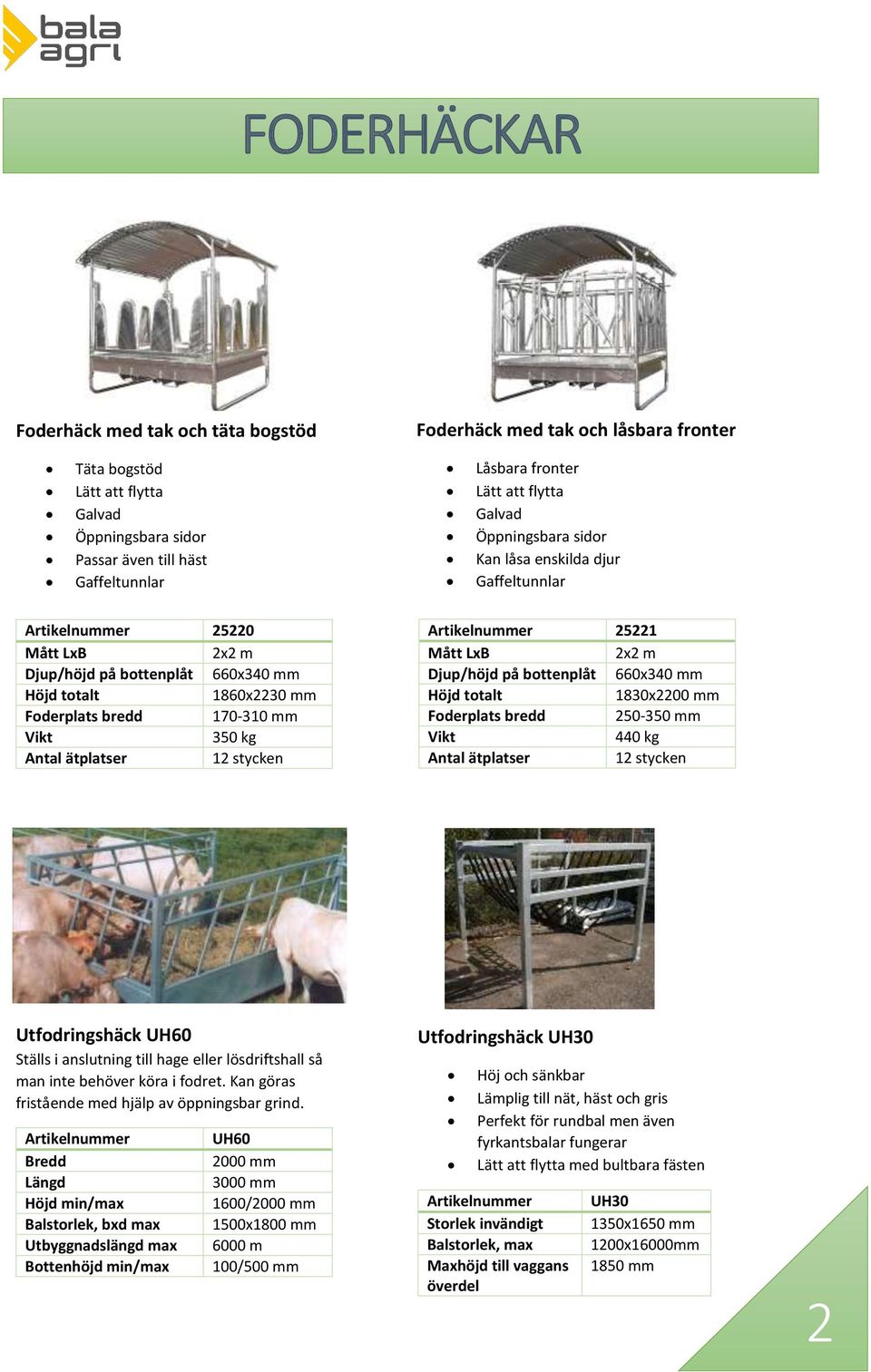 Antal ätplatser 12 stycken Artikelnummer 25221 Mått LxB 2x2 m Djup/höjd på bottenplåt 660x340 mm totalt 1830x2200 mm Foderplats bredd 250-350 mm 440 kg Antal ätplatser 12 stycken Utfodringshäck UH60