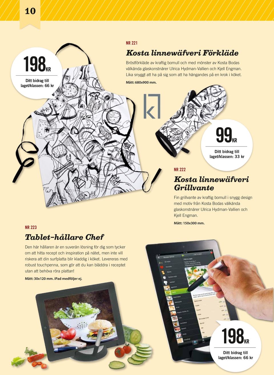 99KR laget/klassen: 33 kr NR 223 Tablet-hållare Chef Den här hållaren är en suverän lösning för dig som tycker om att hitta recept och inspiration på nätet, men inte vill riskera att din surfplatta