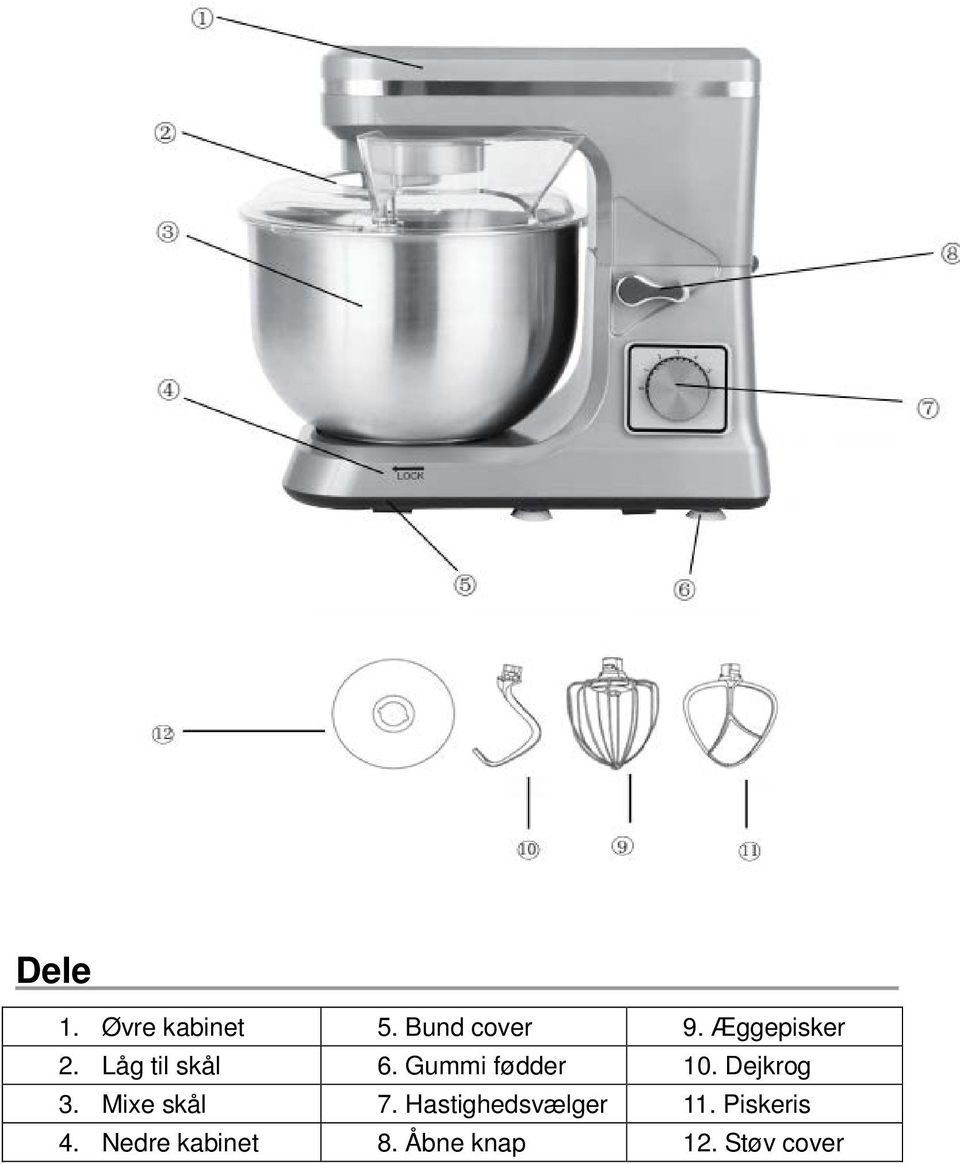 Dejkrog 3. Mixe skål 7. Hastighedsvælger 11.