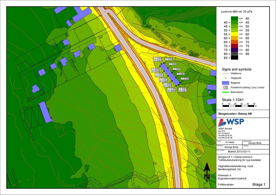 F 5851 GF 5750 Höjdkurva Höjdpunkt Byggnad Fasadnivå (våning Leq Lmax) Bullerskärm Skala 1:1041 0 10 20 30 40 50 m Skogslunden i Åstorp AB WSP Akustik Box 574 201 25 Malmö Tel 040-35 42
