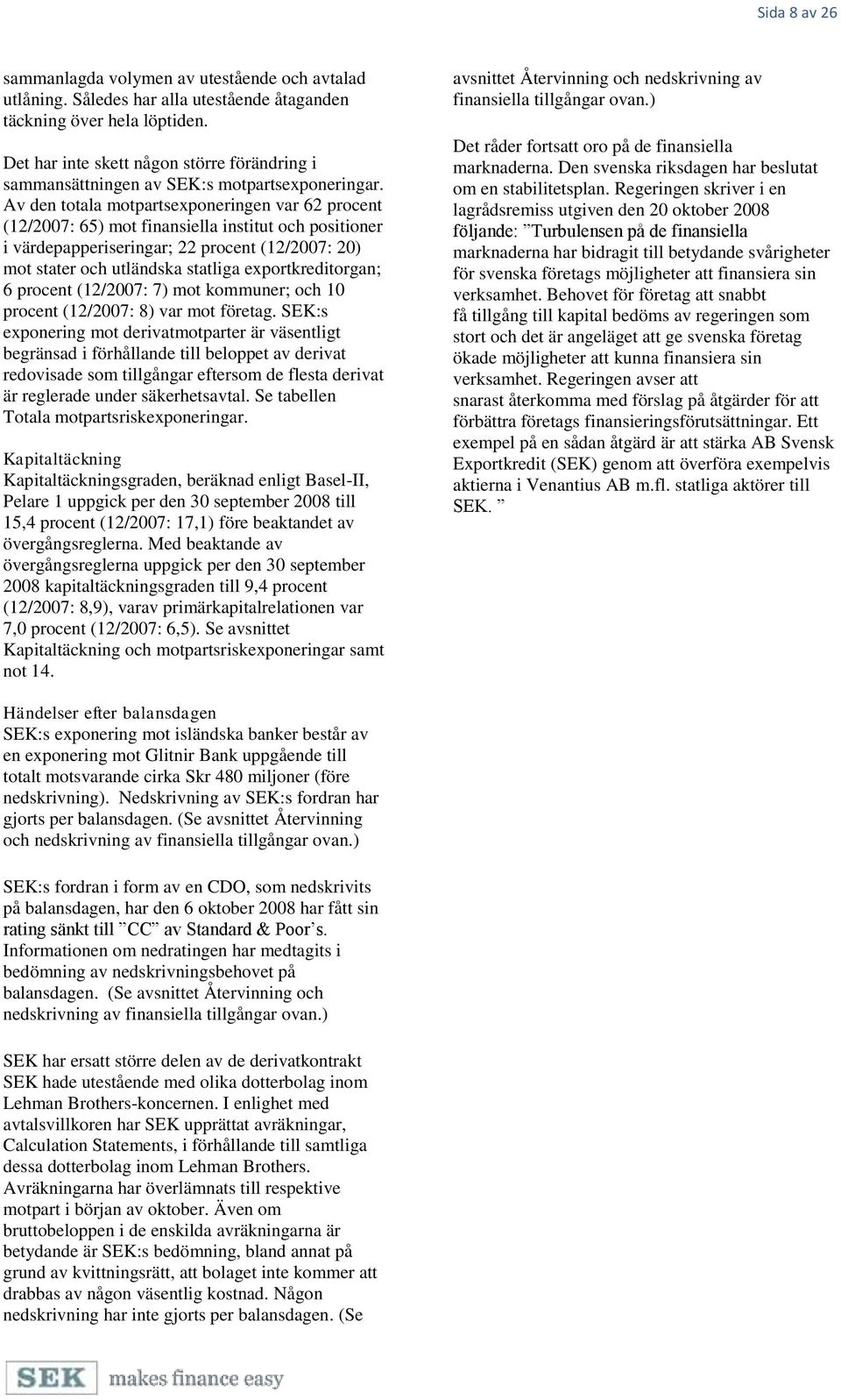 Av den totala motpartsexponeringen var 62 procent (12/2007: 65) mot finansiella institut och positioner i värdepapperiseringar; 22 procent (12/2007: 20) mot stater och utländska statliga