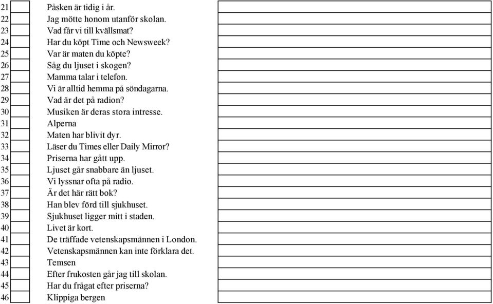 33 Läser du Times eller Daily Mirror? 34 Priserna har gått upp. 35 Ljuset går snabbare än ljuset. 36 Vi lyssnar ofta på radio. 37 Är det här rätt bok? 38 Han blev förd till sjukhuset.