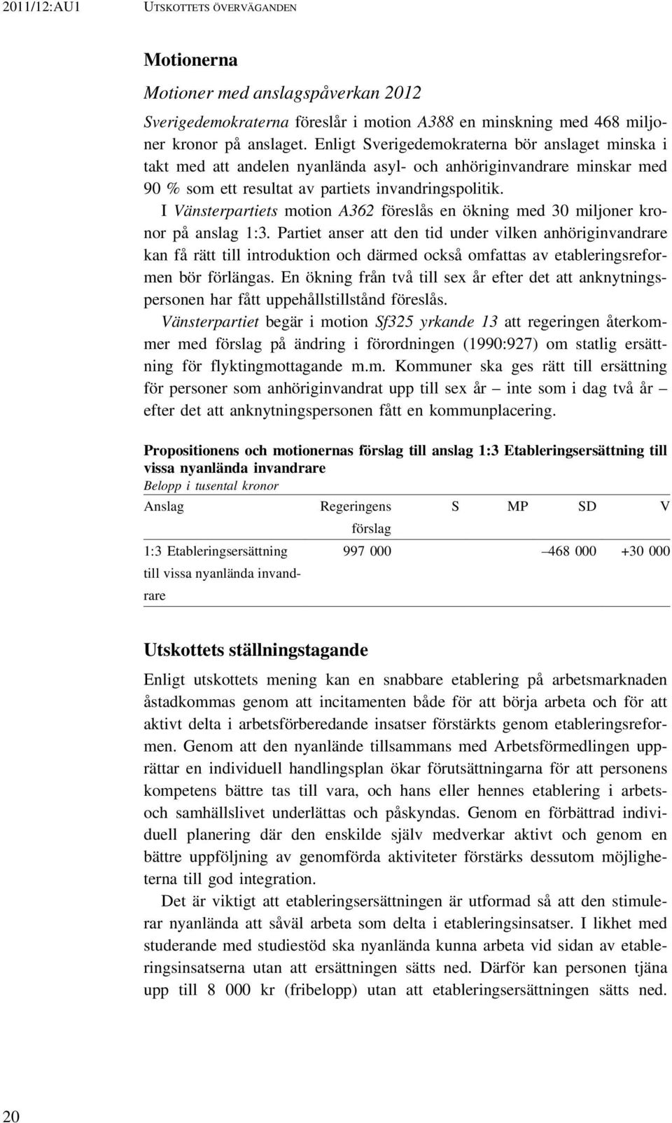 I Vänsterpartiets motion A362 föreslås en ökning med 30 miljoner kronor på anslag 1:3.