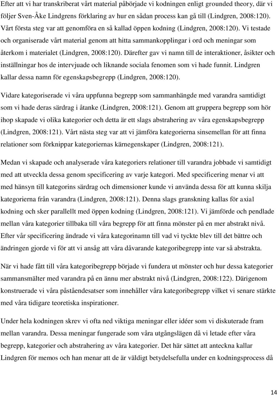 Vi testade och organiserade vårt material genom att hitta sammankopplingar i ord och meningar som återkom i materialet (Lindgren, 2008:120).