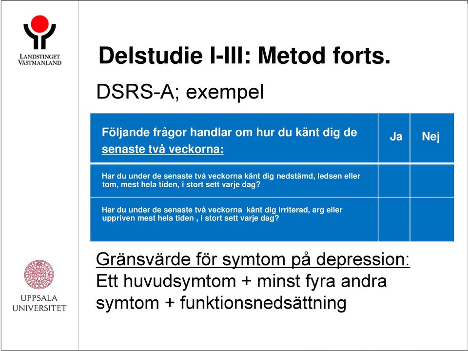 senaste två veckorna känt dig nedstämd, ledsen eller tom, mest hela tiden, i stort sett varje dag?