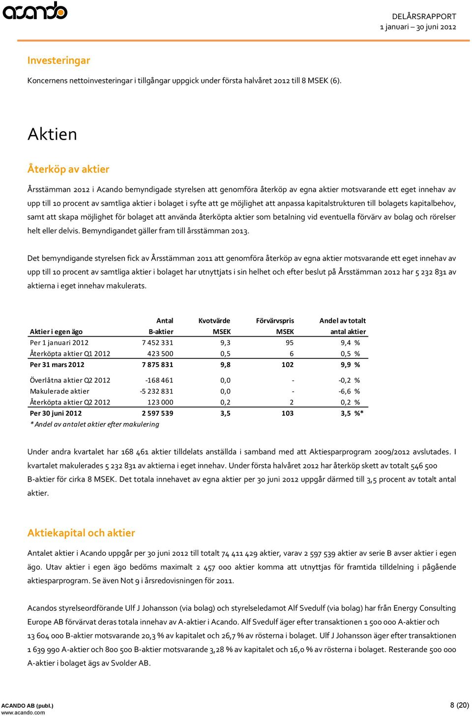 att ge möjlighet att anpassa kapitalstrukturen till bolagets kapitalbehov, samt att skapa möjlighet för bolaget att använda återköpta aktier som betalning vid eventuella förvärv av bolag och rörelser