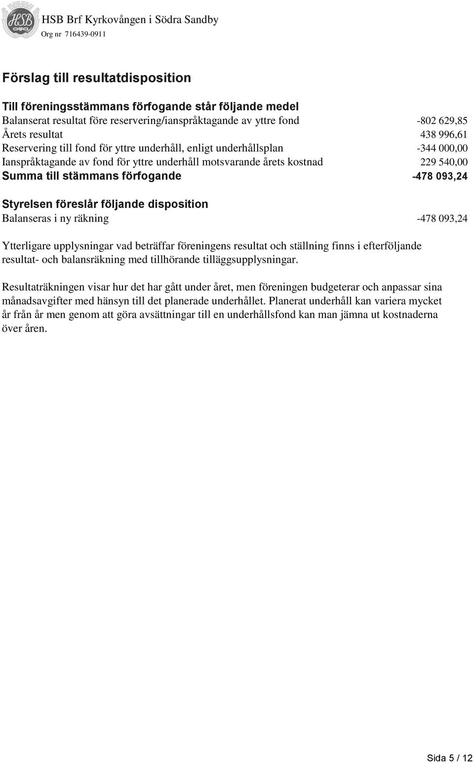 093,24 Styrelsen föreslår följande disposition Balanseras i ny räkning -478 093,24 Ytterligare upplysningar vad beträffar föreningens resultat och ställning finns i efterföljande resultat- och