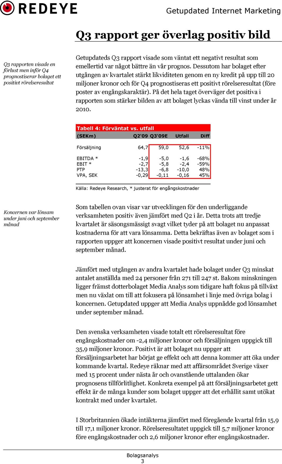 Dessutom har bolaget efter utgången av kvartalet stärkt likviditeten genom en ny kredit på upp till 20 miljoner kronor och för Q4 prognostiseras ett positivt rörelseresultat (före poster av