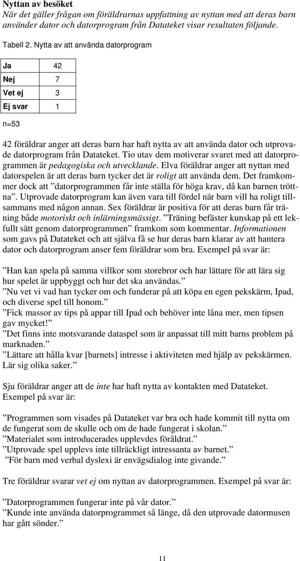 Tio utav dem motiverar svaret med att datorprogrammen är pedagogiska och utvecklande. Elva föräldrar anger att nyttan med datorspelen är att deras barn tycker det är roligt att använda dem.