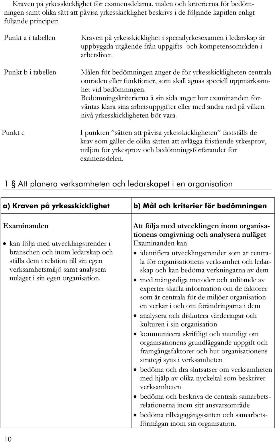 Målen för bedömningen anger de för yrkesskickligheten centrala områden eller funktioner, som skall ägnas speciell uppmärksamhet vid bedömningen.