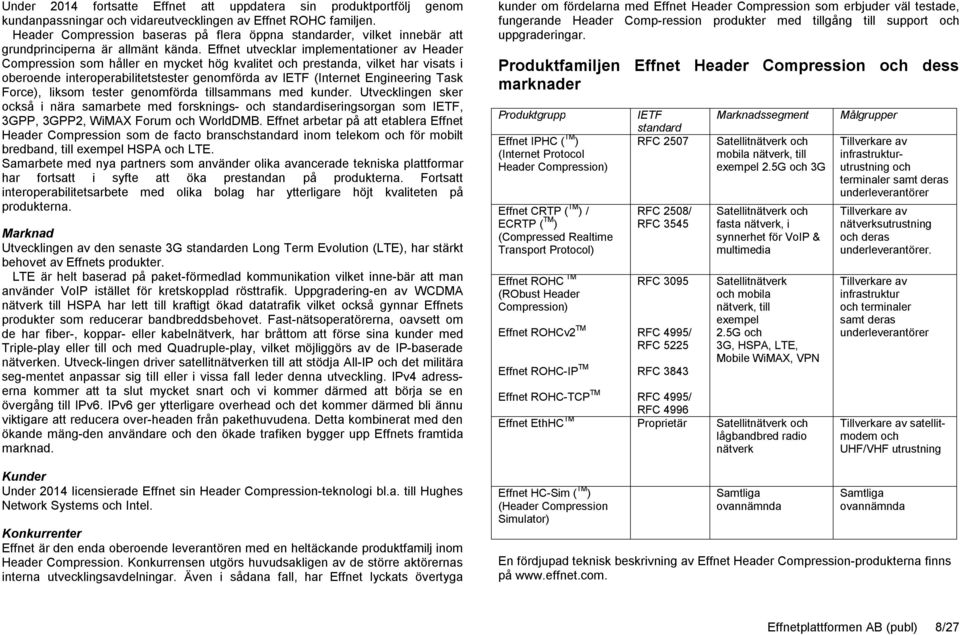 Effnet utvecklar implementationer av Header Compression som håller en mycket hög kvalitet och prestanda, vilket har visats i oberoende interoperabilitetstester genomförda av IETF (Internet