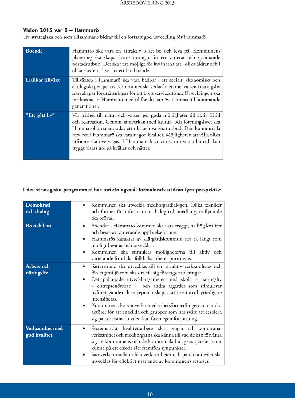 Tillväxten i Hammarö ska vara hållbar i ett socialt, ekonomiskt och ekologiskt perspektiv. Kommunen ska verka för ett mer varierat näringsliv som skapar förutsättningar för ett brett serviceutbud.