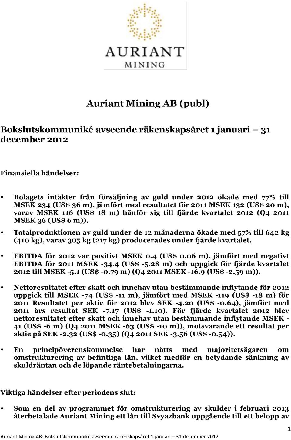 Totalproduktionen av guld under de 12 månaderna ökade med 57% till 642 kg (410 kg), varav 305 kg (217 kg) producerades under fjärde kvartalet. EBITDA för 2012 var positivt MSEK 0.4 (US$ 0.