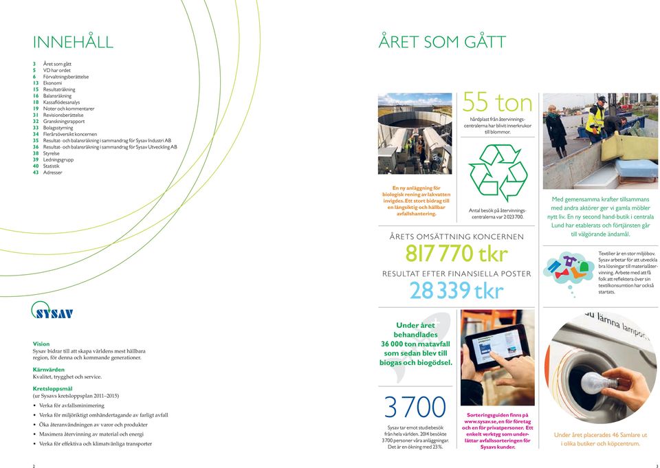 38 Styrelse 39 Ledningsgrupp 4 Statistik 43 Adresser ÅRET SOM GÅTT 55 ton hårdplast från återvinningscentralerna har blivit innerkrukor till blommor.