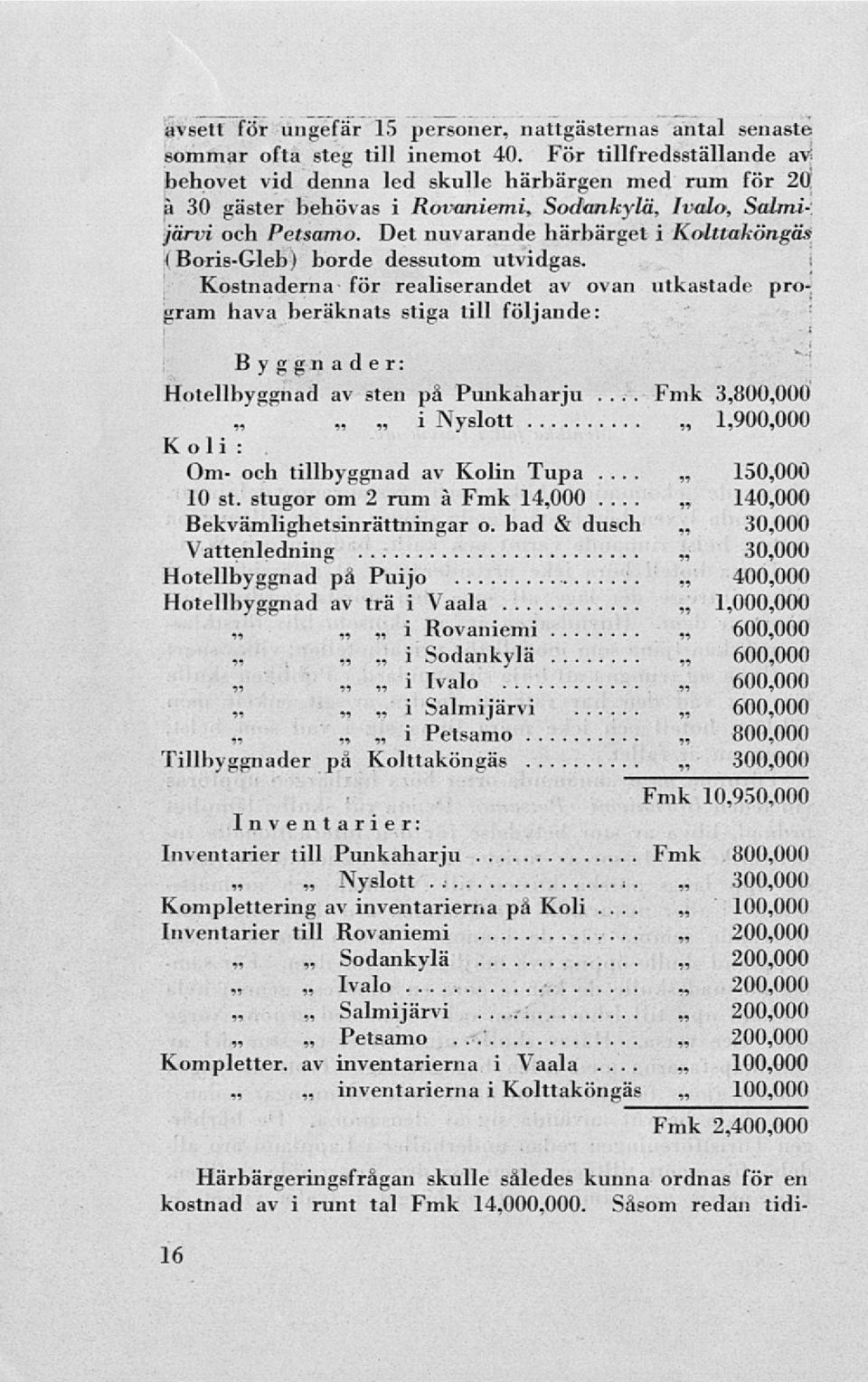 Det nuvarande härbärget i Kolttaköngäs ( Boris-Gleb) borde dessutom utvidgas.