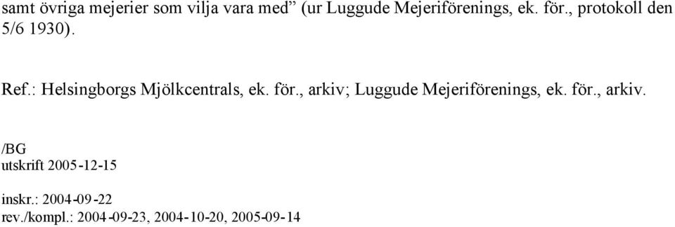 för., arkiv; Luggude Mejeriförenings, ek. för., arkiv. /BG utskrift 2005-12-15 inskr.