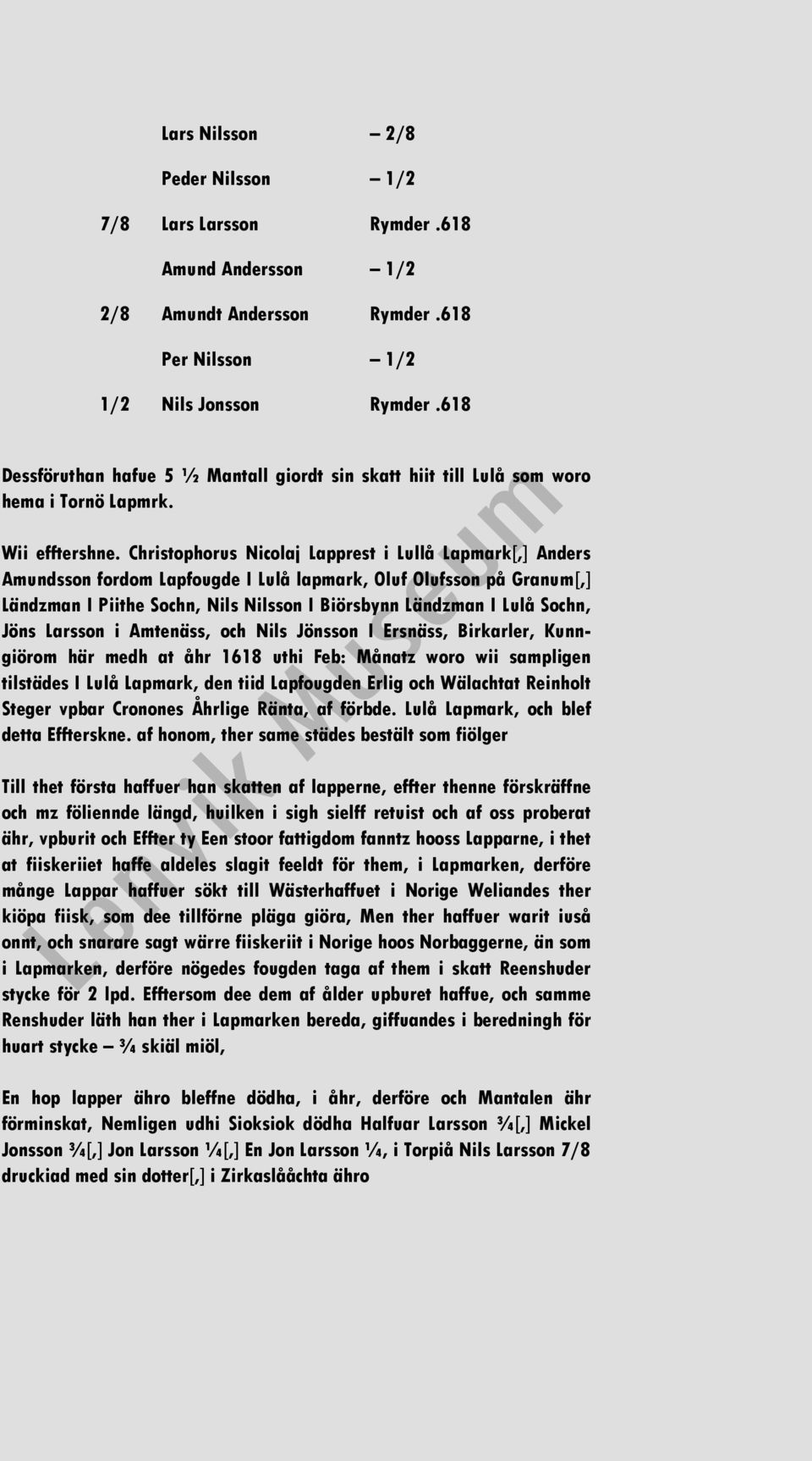 Christophorus Nicolaj Lapprest i Lullå Lapmark[,] Anders Amundsson fordom Lapfougde I Lulå lapmark, Oluf Olufsson på Granum[,] Ländzman I Piithe Sochn, Nils Nilsson I Biörsbynn Ländzman I Lulå Sochn,