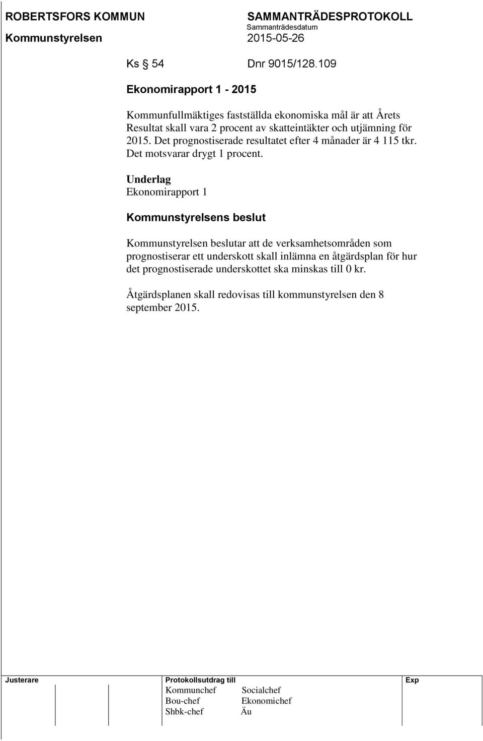 Det prognostiserade resultatet efter 4 månader är 4 115 tkr. Det motsvarar drygt 1 procent.