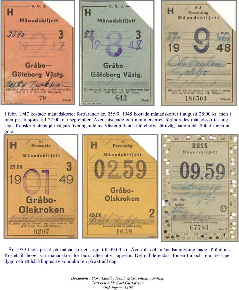 År 1959 hade priset på månadskortet stigit till 49:00 kr. Även år och månadsangivning hade förändrats. Kortet till höger var månadskort för buss, alternativt tågresor.