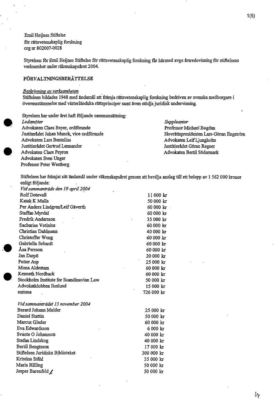 FÖRVALTNINGSBERÄTTELSE Beskrivning av verksamheten Stiftelsen bildades 1948 med ändamål att främja rättsvetenskaplig forskning bedriven av svenska medborgare i överensstämmelse med västerländska