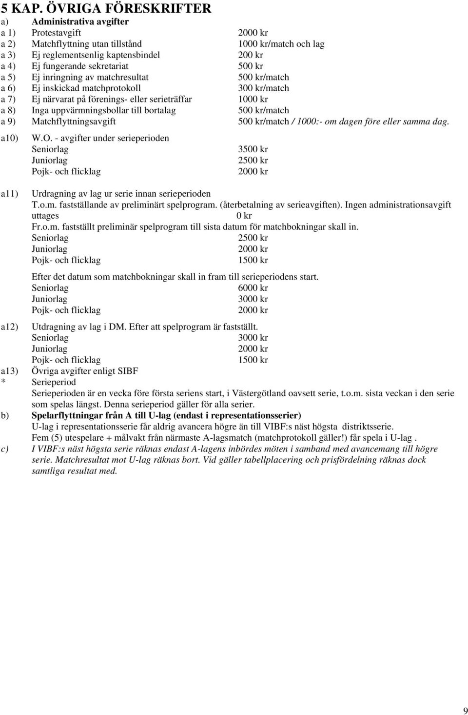 sekretariat 500 kr a 5) Ej inringning av matchresultat 500 kr/match a 6) Ej inskickad matchprotokoll 300 kr/match a 7) Ej närvarat på förenings- eller serieträffar 1000 kr a 8) Inga