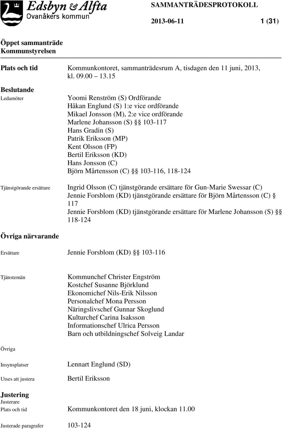 (S) Patrik Eriksson (MP) Kent Olsson (FP) Bertil Eriksson (KD) Hans Jonsson (C) Björn Mårtensson (C) 103-116, 118-124 Ingrid Olsson (C) tjänstgörande ersättare för Gun-Marie Swessar (C) Jennie