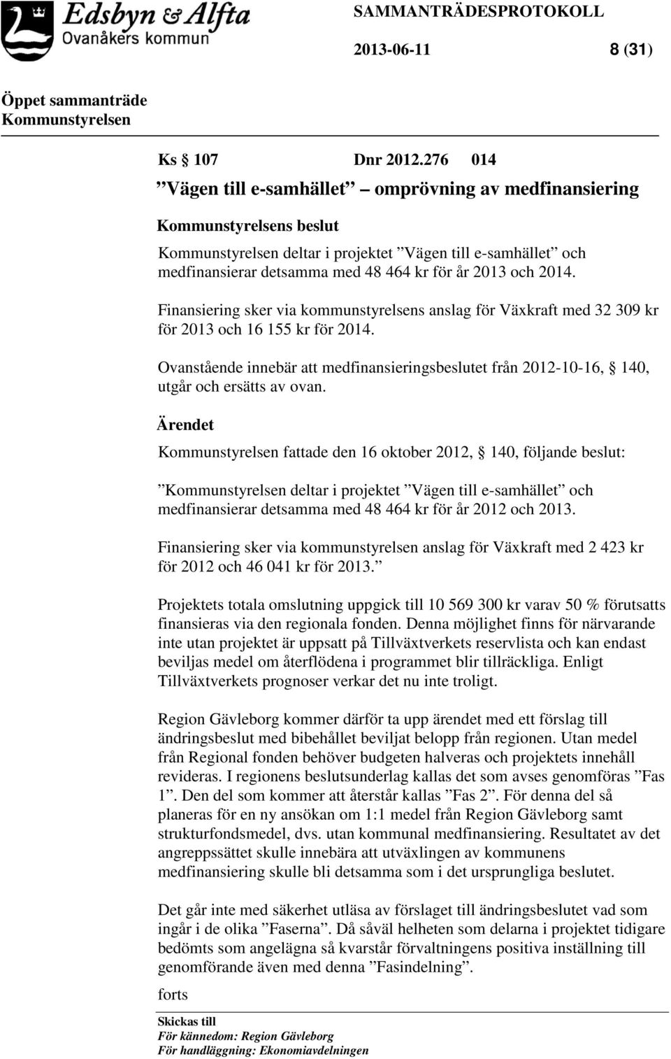 Finansiering sker via kommunstyrelsens anslag för Växkraft med 32 309 kr för 2013 och 16 155 kr för 2014.