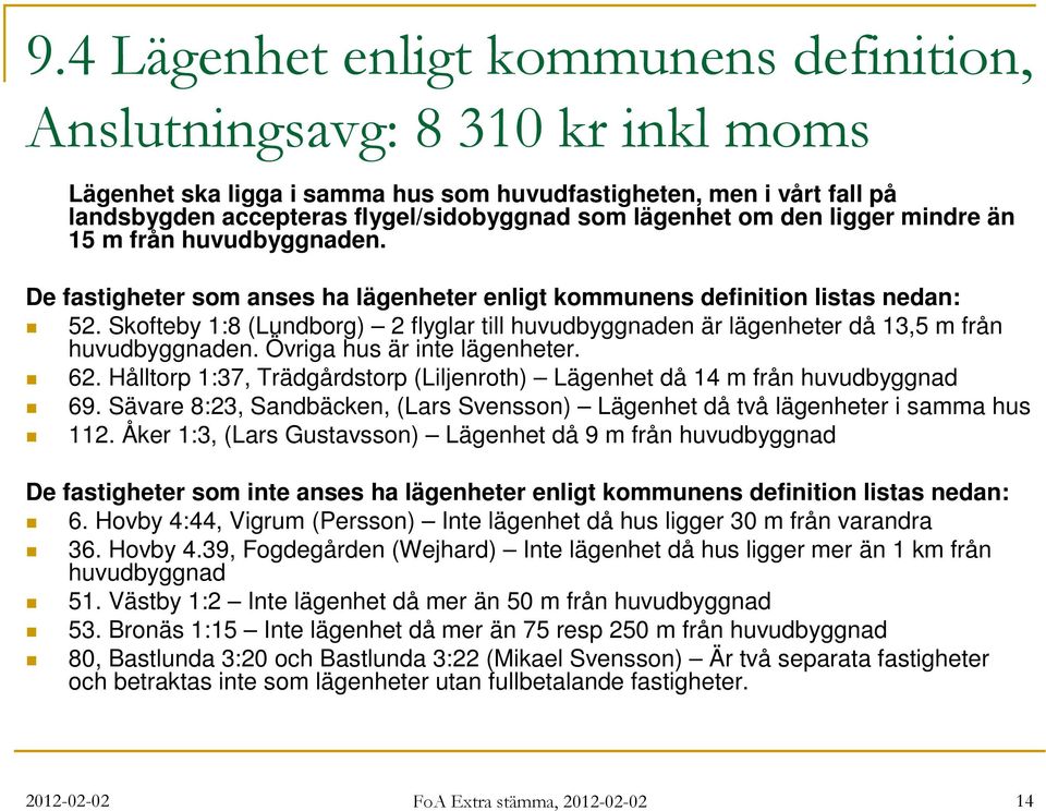 Skofteby 1:8 (Lundborg) 2 flyglar till huvudbyggnaden är lägenheter då 13,5 m från huvudbyggnaden. Övriga hus är inte lägenheter. 62.