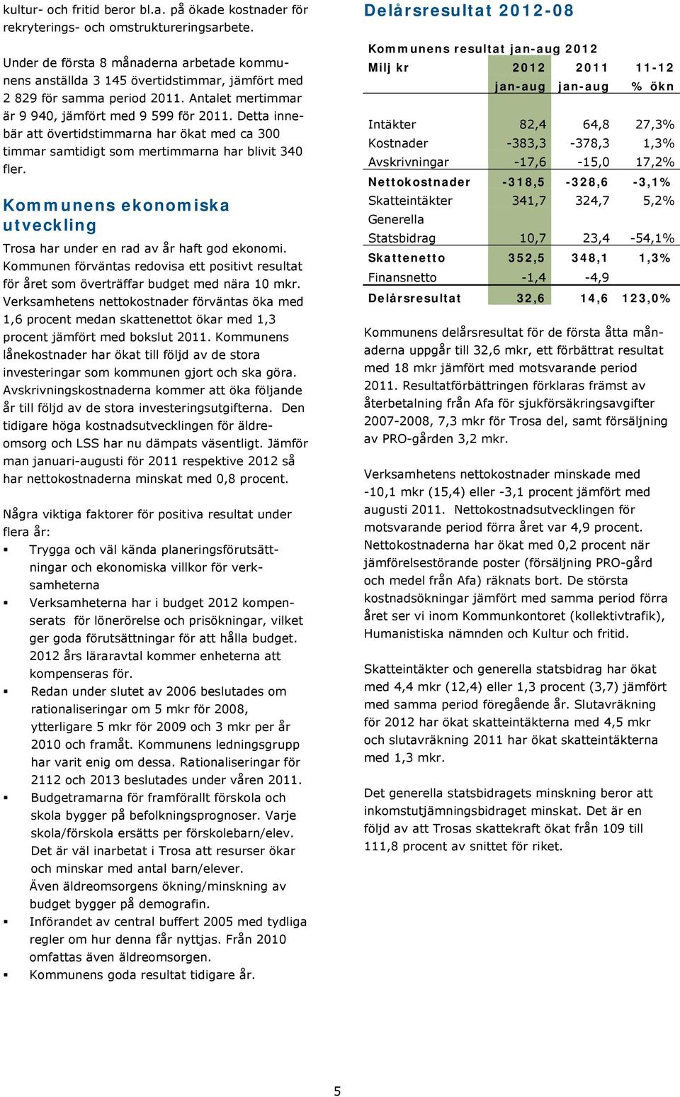 Detta innebär att övertidstimmarna har ökat med ca 300 timmar samtidigt som mertimmarna har blivit 340 fler. Kommunens ekonomiska utveckling Trosa har under en rad av år haft god ekonomi.