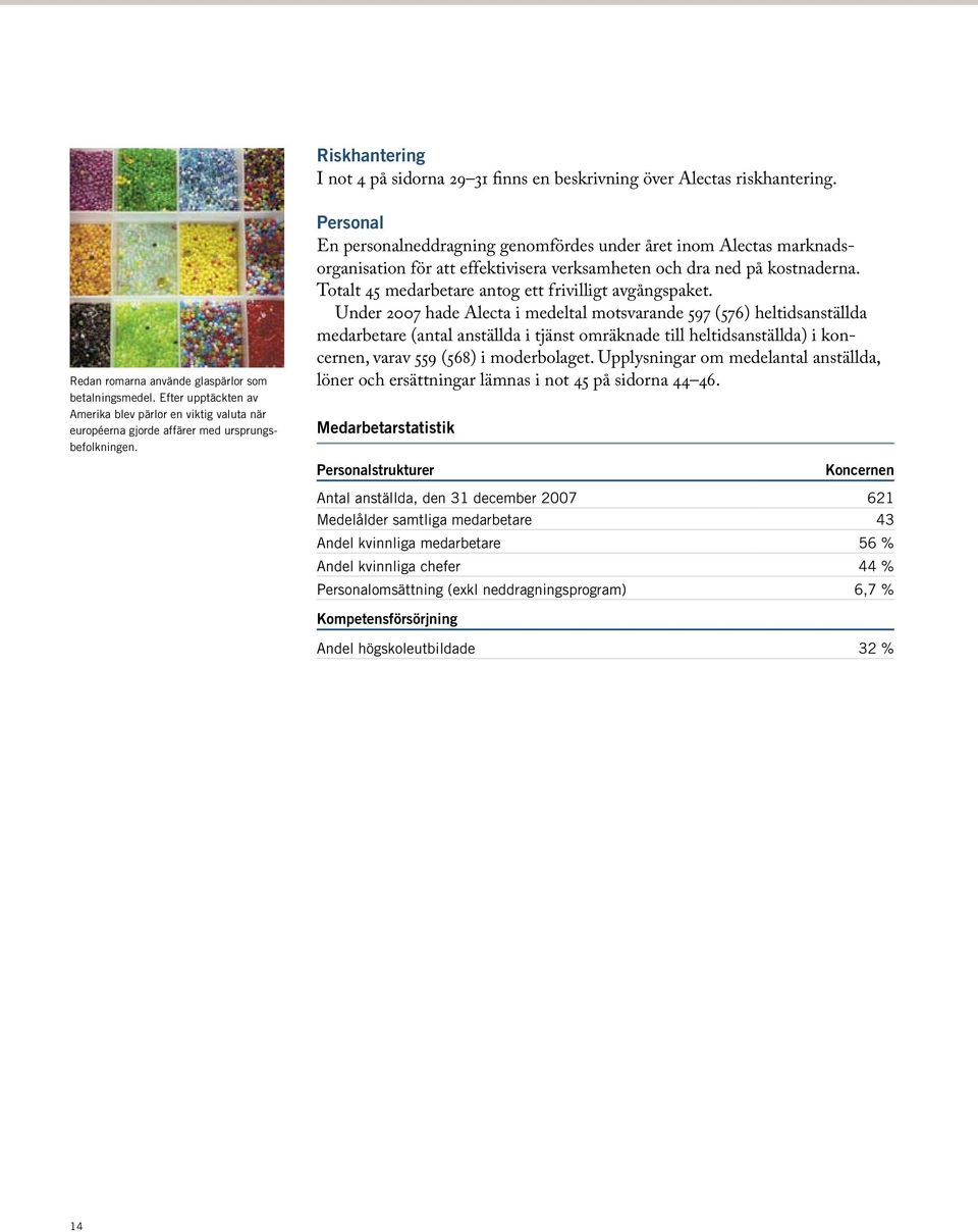 Personal En personalneddragning genomfördes under året inom Alectas marknadsorganisation för att effektivisera verksamheten och dra ned på kostnaderna.