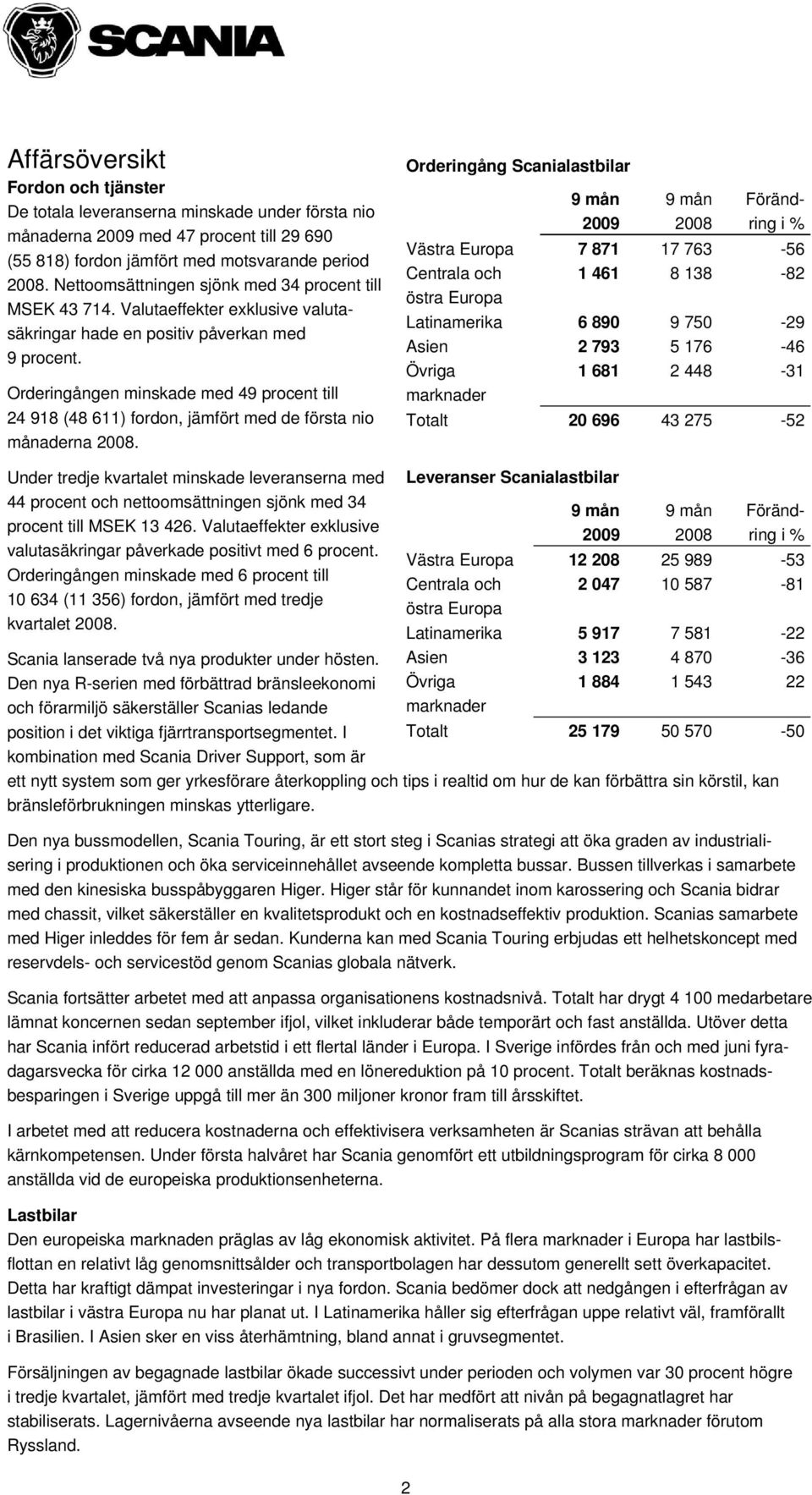 Orderingången minskade med 49 procent till 24 918 (48 611) fordon, jämfört med de första nio månaderna.