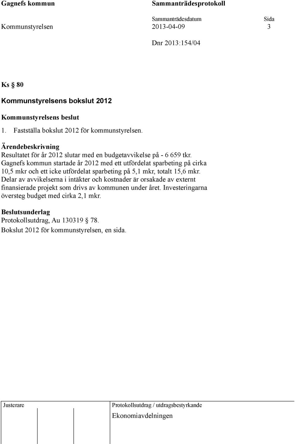 Gagnefs kommun startade år 2012 med ett utfördelat sparbeting på cirka 10,5 mkr och ett icke utfördelat sparbeting på 5,1 mkr, totalt 15,6 mkr.