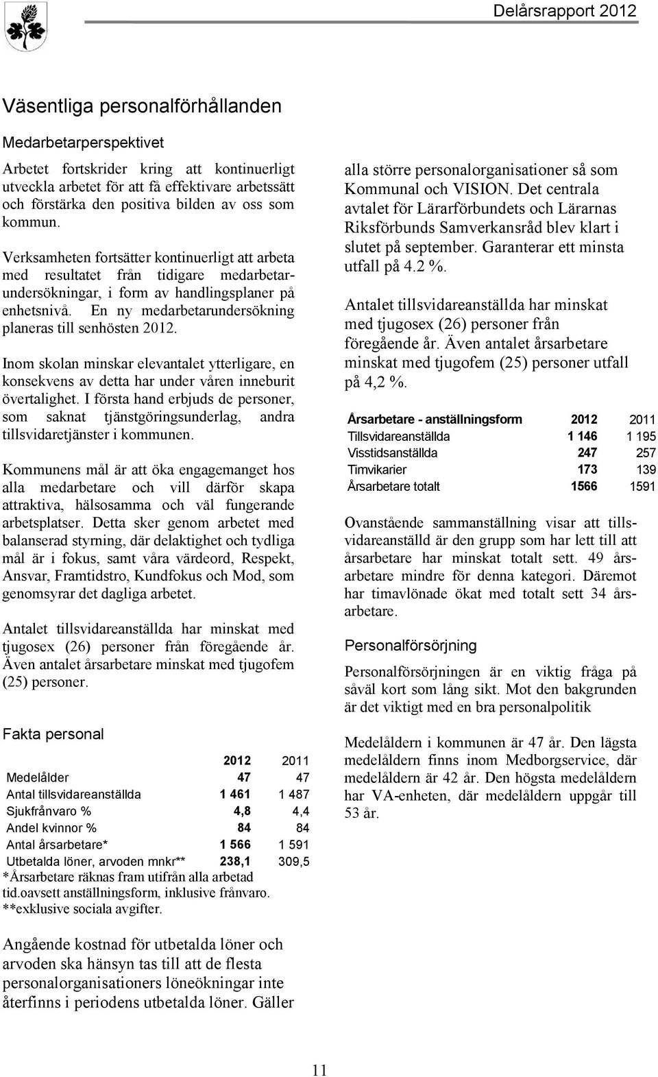 En ny medarbetarundersökning planeras till senhösten 2012. Inom skolan minskar elevantalet ytterligare, en konsekvens av detta har under våren inneburit övertalighet.