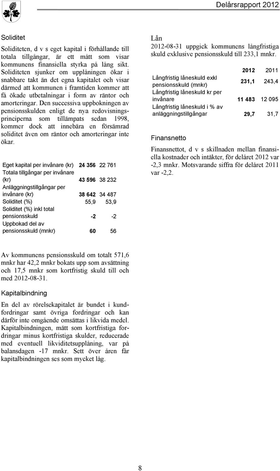 Den successiva uppbokningen av pensionsskulden enligt de nya redovisningsprinciperna som tillämpats sedan 1998, kommer dock att innebära en försämrad soliditet även om räntor och amorteringar inte