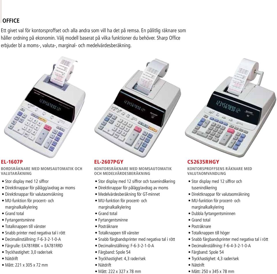 EL-1607P Bordsräknare med momsautomatik och valutaräkning Stor display med 12 siffror Direktknappar för valutaomräkning MU-funktion för procent- och marginalkalkylering Grand total Fyrtangentsminne