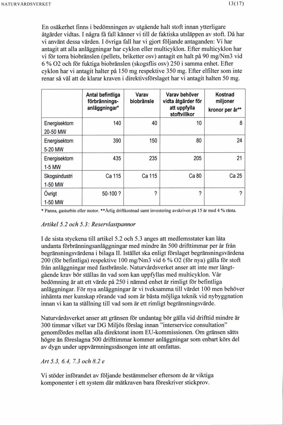 Efter multicyklon har vi for torra biobränslen (pellets, briketter osv) antagit en halt på 90 mg/nm3 vid 6 % 02 och för fuktiga biobränslen (skogsflis osv) 250 i samma enhet.