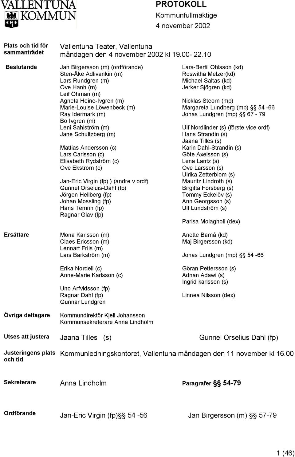 Idermark (m) Bo Ivgren (m) Leni Sahlström (m) Jane Schultzberg (m) Mattias Andersson (c) Lars Carlsson (c) Elisabeth Rydström (c) Ove Ekström (c) Jan-Eric Virgin (fp) ) (andre v ordf) Gunnel