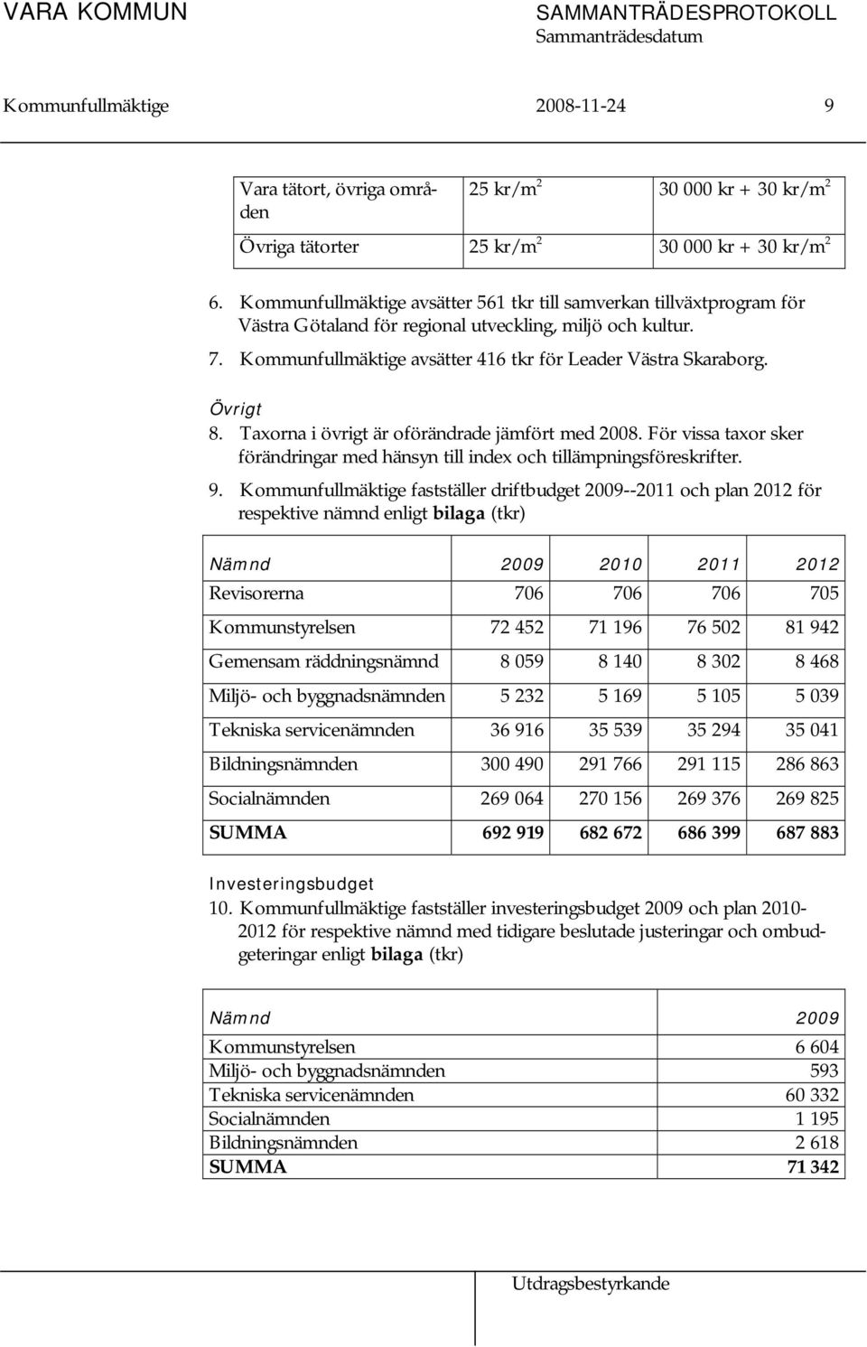 Övrigt 8. Taxorna i övrigt är oförändrade jämfört med 2008. För vissa taxor sker förändringar med hänsyn till index och tillämpningsföreskrifter. 9.