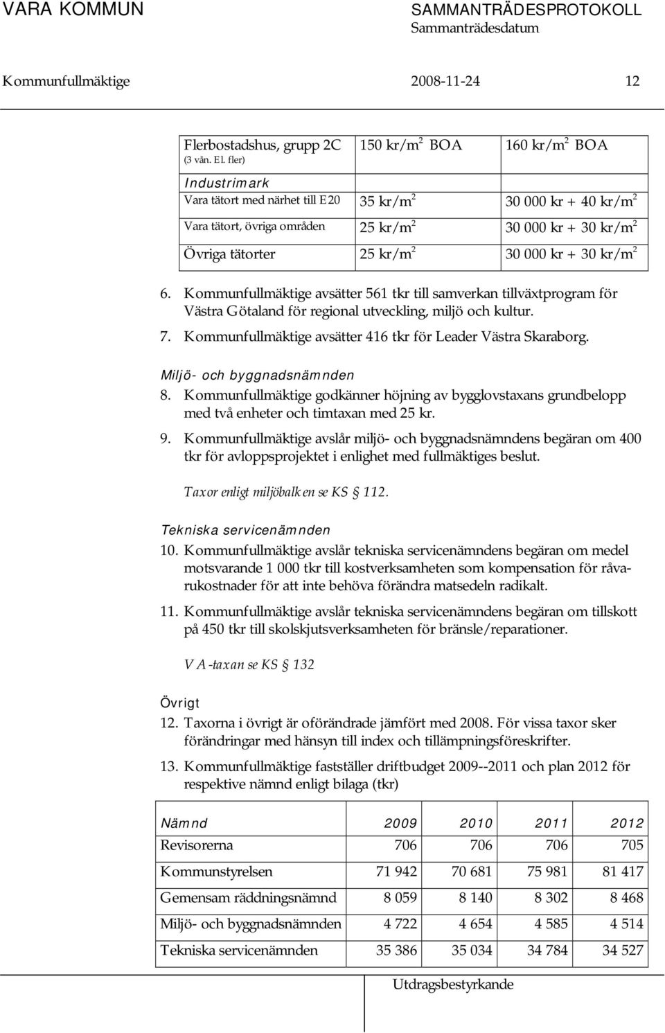 30 000 kr + 30 kr/m 2 6. Kommunfullmäktige avsätter 561 tkr till samverkan tillväxtprogram för Västra Götaland för regional utveckling, miljö och kultur. 7.