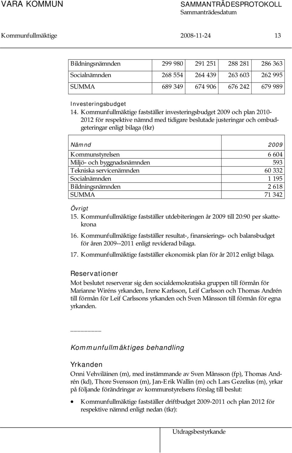 Kommunfullmäktige fastställer investeringsbudget 2009 och plan 2010-2012 för respektive nämnd med tidigare beslutade justeringar och ombudgeteringar enligt bilaga (tkr) Nämnd 2009 Kommunstyrelsen 6