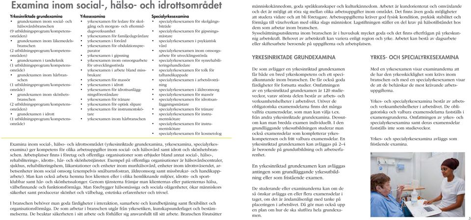 grundexamen inom skönhetsbranschen (2 utbildningsprogram/kompetensområden) grundexamen i idrott (1 utbildningsprogram/kompetensområde) Yrkesexamina yrkesexamen för ledare för skolgång och morgon- och