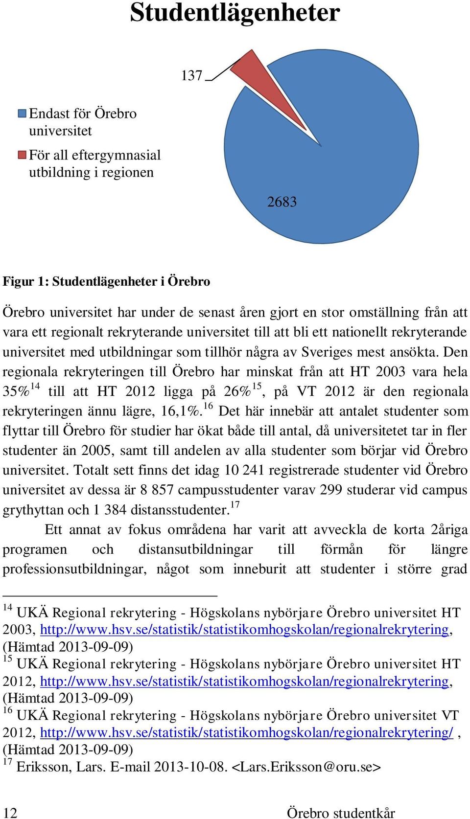 Den regionala rekryteringen till Örebro har minskat från att HT 2003 vara hela 35% 14 till att HT 2012 ligga på 26% 15, på VT 2012 är den regionala rekryteringen ännu lägre, 16,1%.