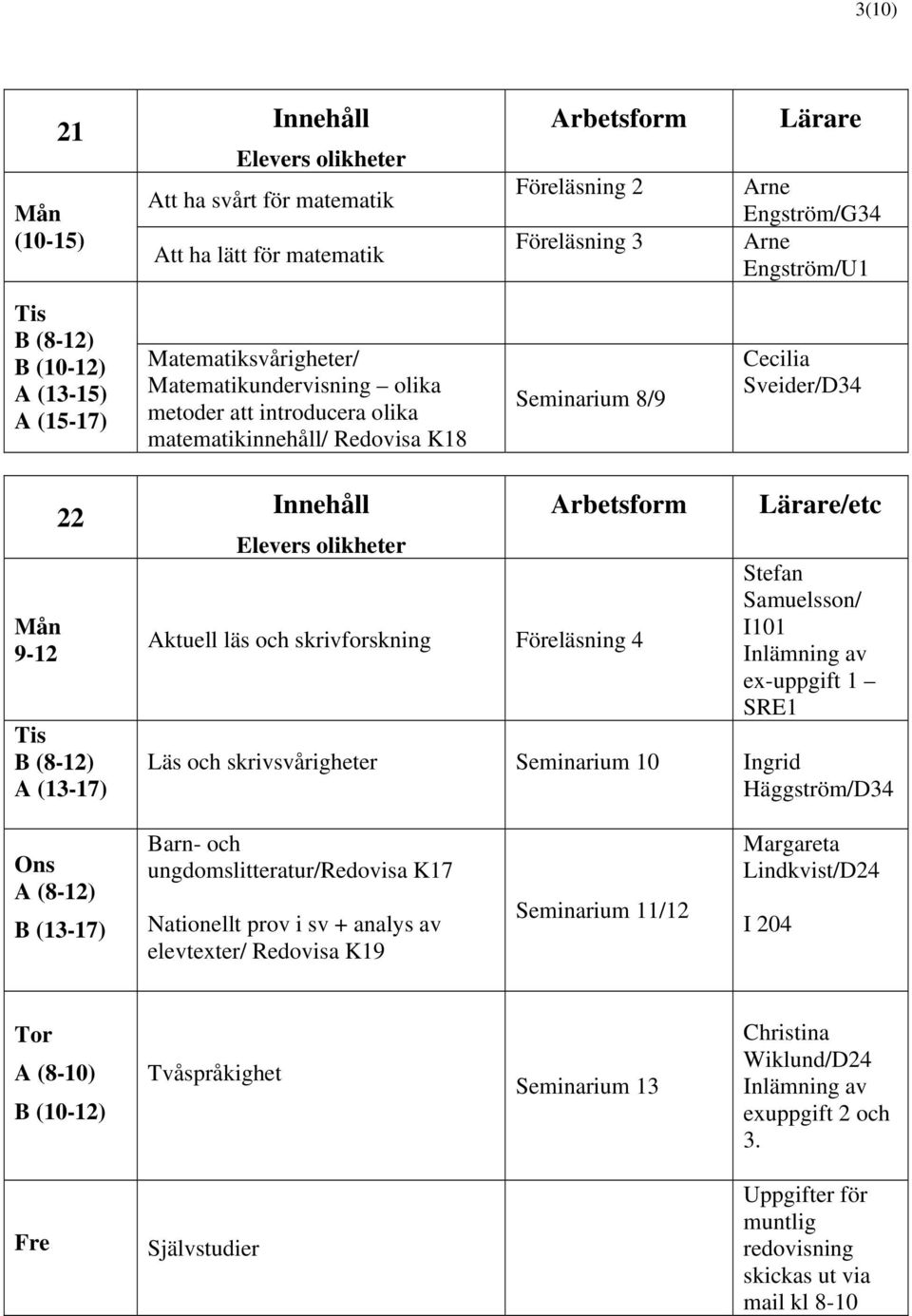 Elevers olikheter Aktuell läs och skrivforskning Föreläsning 4 Lärare/etc Stefan Samuelsson/ I101 Inlämning av ex-uppgift 1 SRE1 Läs och skrivsvårigheter Seminarium 10 Ingrid Häggström/D34 A (8-12) B