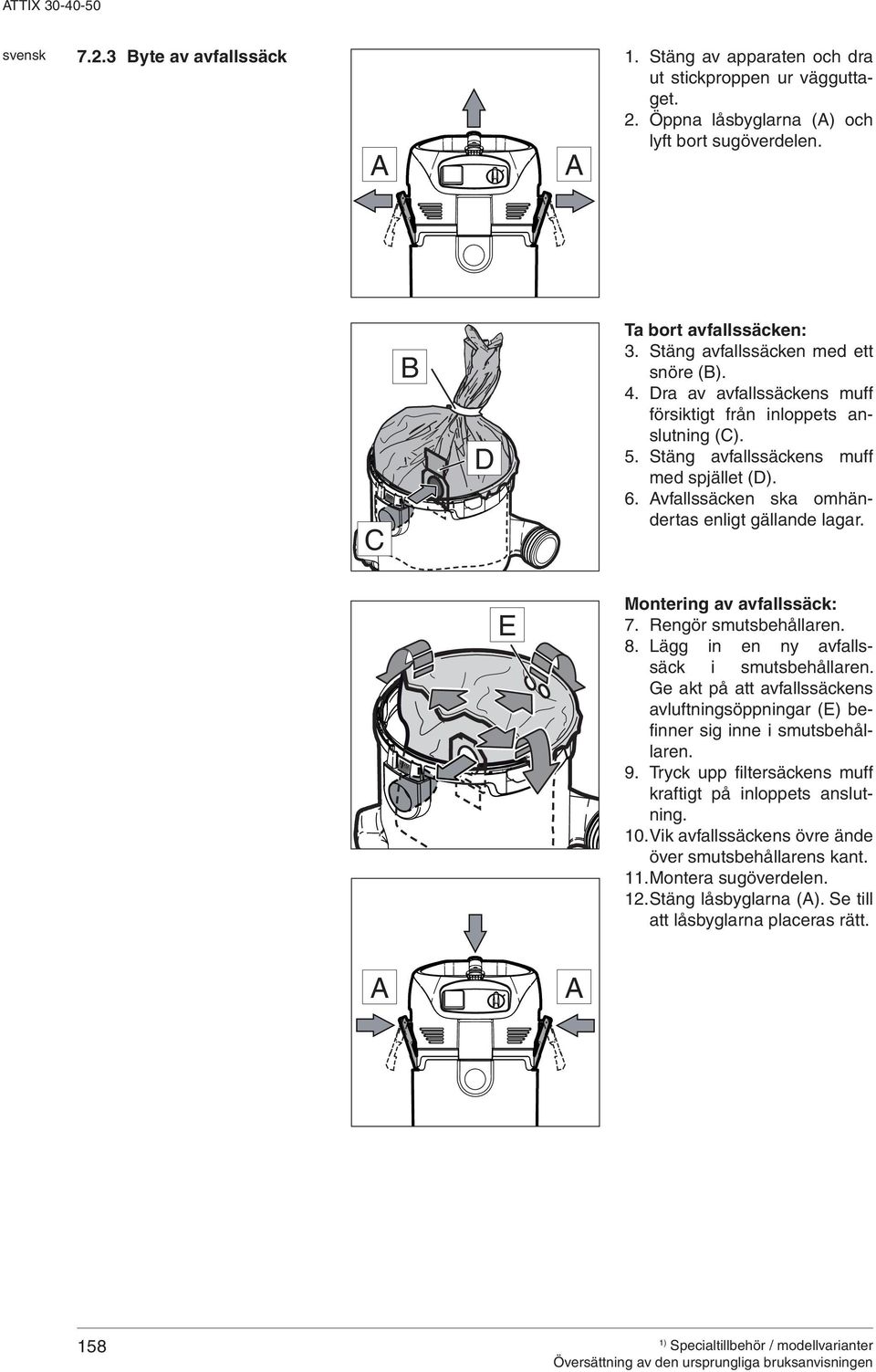 vfallssäcken ska omhändertas enligt gällande lagar. E Montering av avfallssäck: 7. Rengör smutsbehållaren. 8. Lägg in en ny avfallssäck i smutsbehållaren.