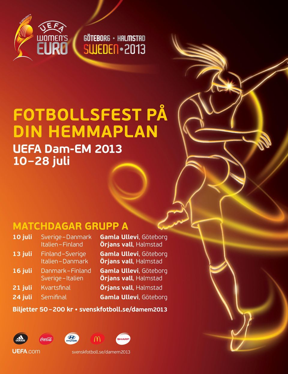 Halmstad 16 juli Danmark Finland Gamla Ullevi, Göteborg Sverige Italien Örjans vall, Halmstad 21 juli Kvartsfinal Örjans