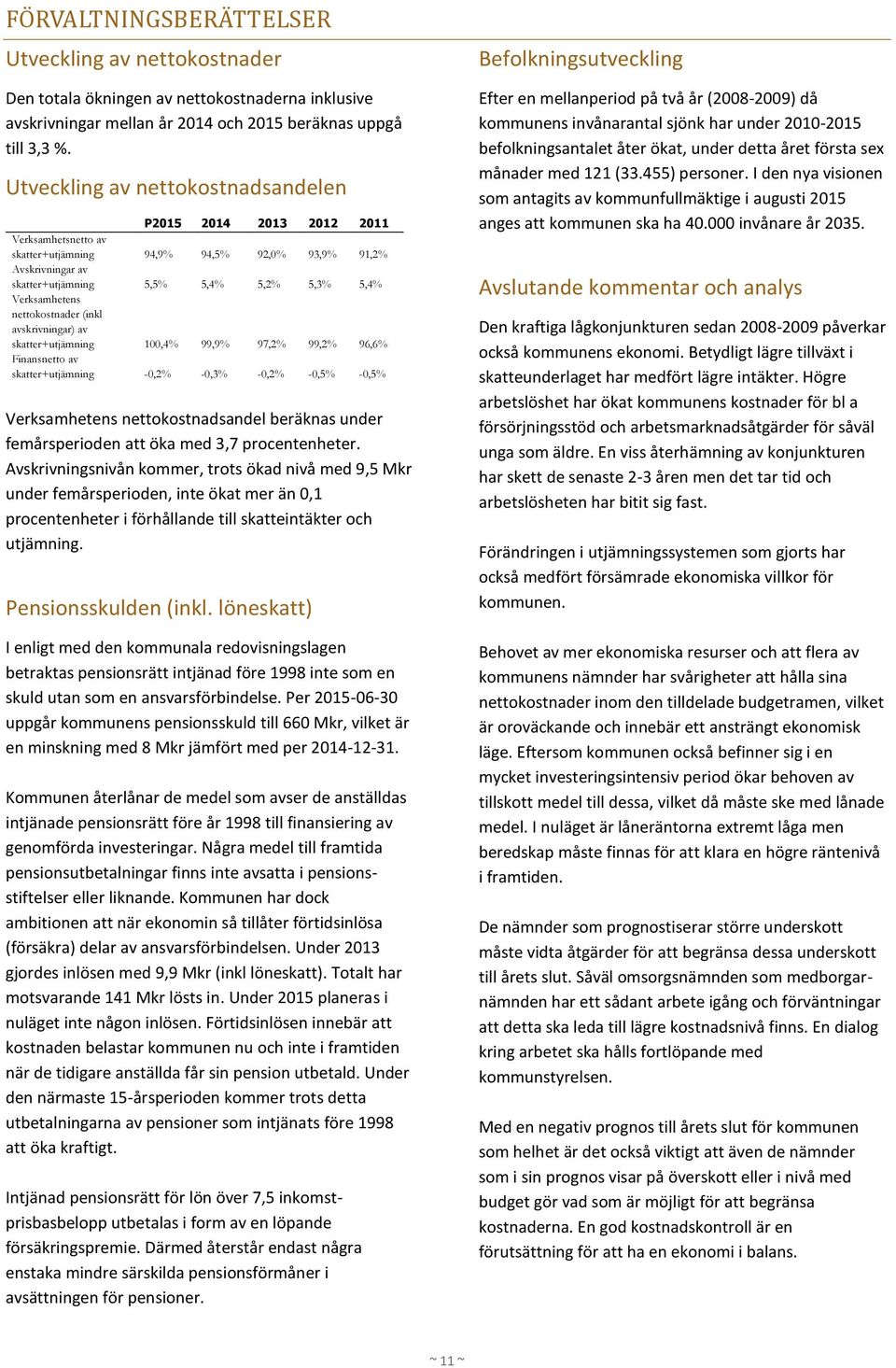 Verksamhetens nettokostnader (inkl avskrivningar) av skatter+utjämning 100,4% 99,9% 97,2% 99,2% 96,6% Finansnetto av skatter+utjämning -0,2% -0,3% -0,2% -0,5% -0,5% Verksamhetens nettokostnadsandel