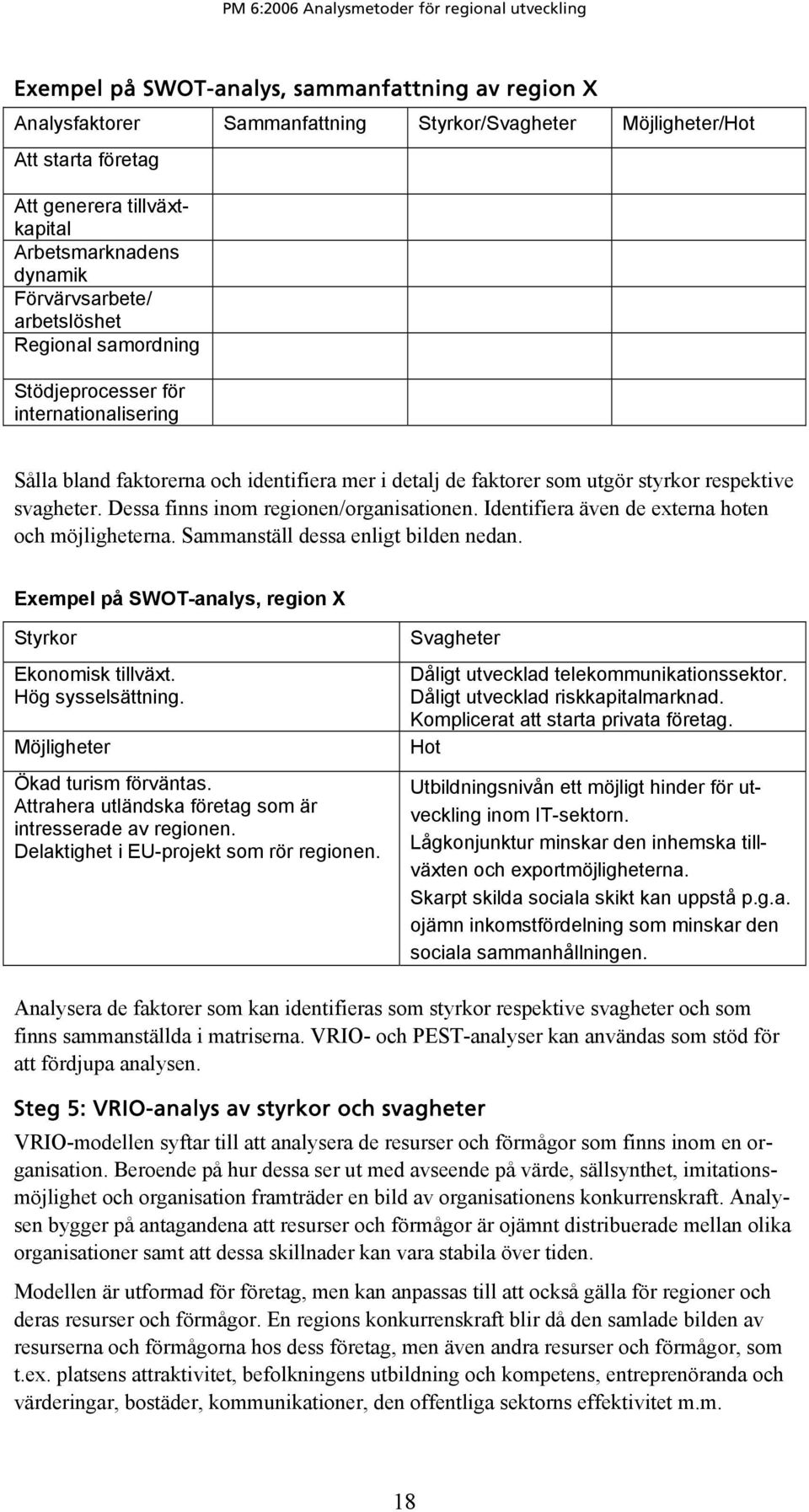 Dessa finns inom regionen/organisationen. Identifiera även de externa hoten och möjligheterna. Sammanställ dessa enligt bilden nedan. Exempel på SWOT-analys, region X Styrkor Ekonomisk tillväxt.