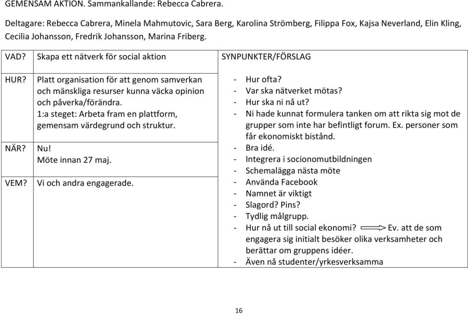 Skapa ett nätverk för social aktion SYNPUNKTER/FÖRSLAG HUR? NÄR? VEM? Platt organisation för att genom samverkan och mänskliga resurser kunna väcka opinion och påverka/förändra.