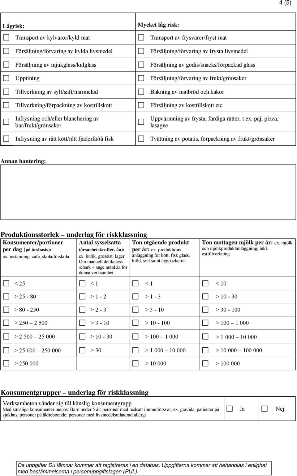livsmedel Försäljning av godis/snacks/förpackad glass Försäljning/förvaring av frukt/grönsaker Bakning av matbröd och kakor Försäljning av kosttillskott etc Uppvärmning av frysta, färdiga rätter, t