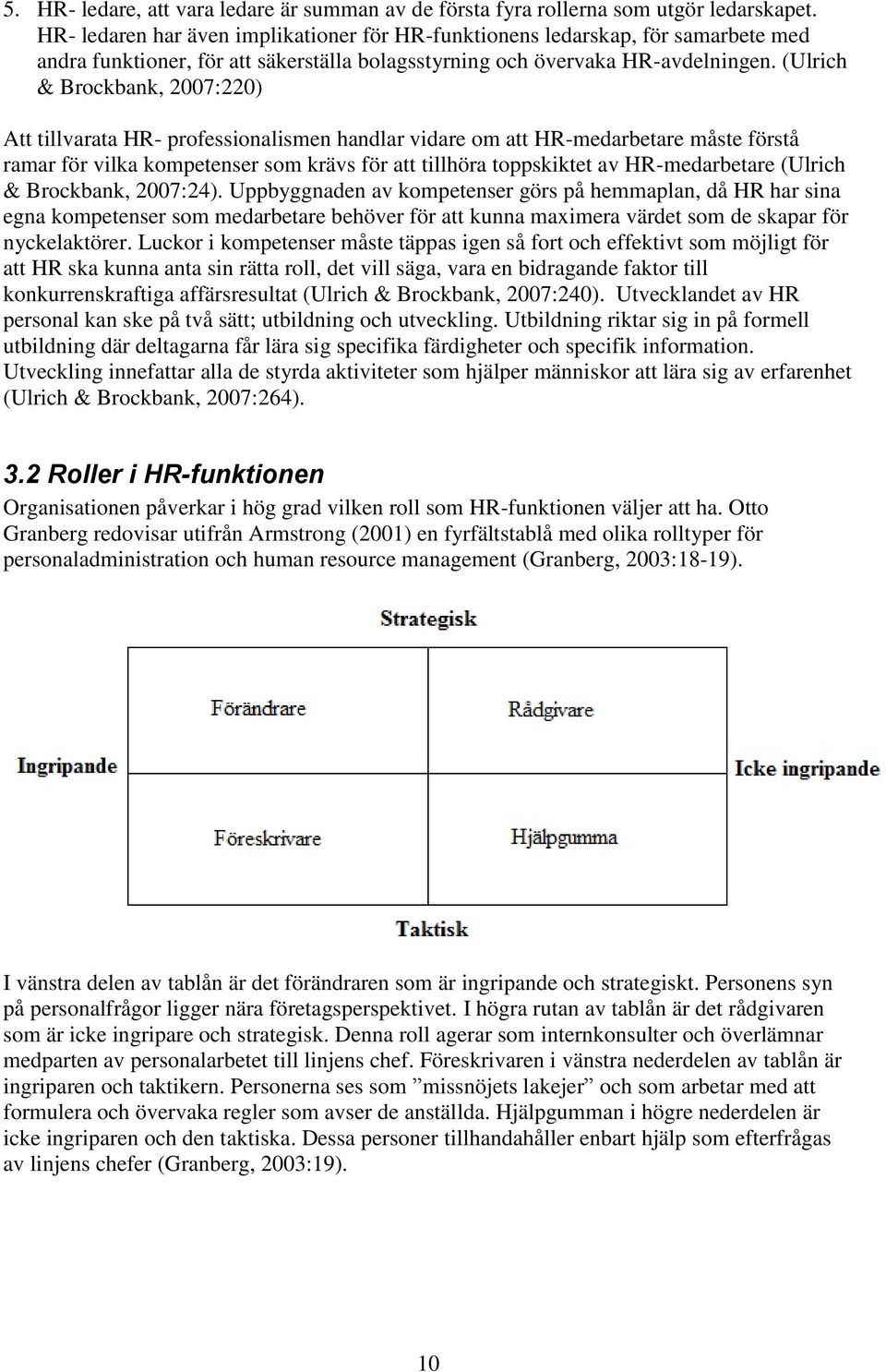 (Ulrich & Brockbank, 2007:220) Att tillvarata HR- professionalismen handlar vidare om att HR-medarbetare måste förstå ramar för vilka kompetenser som krävs för att tillhöra toppskiktet av